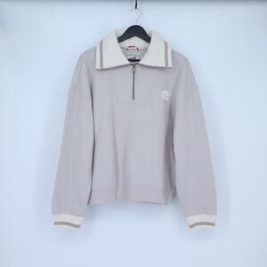 Roots Organic Cooper Quarter Zip Sweatshirt Silver Cloud Stein Relaxed Women's M